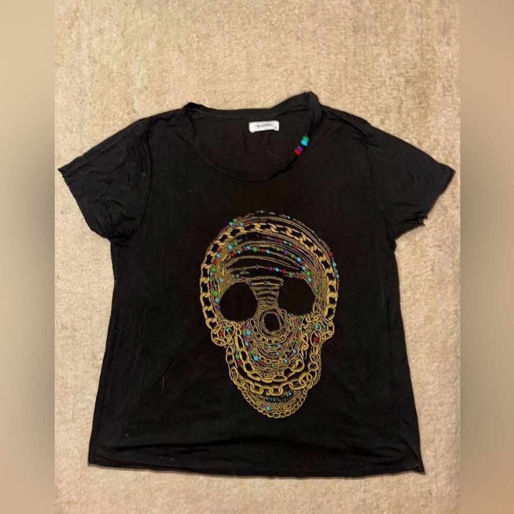 Lauren Moshi Debra Beaded Chain Skull Babydoll Tee